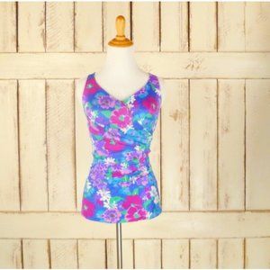 60s vintage Roxanne blue and purple floral print one piece swimsuit